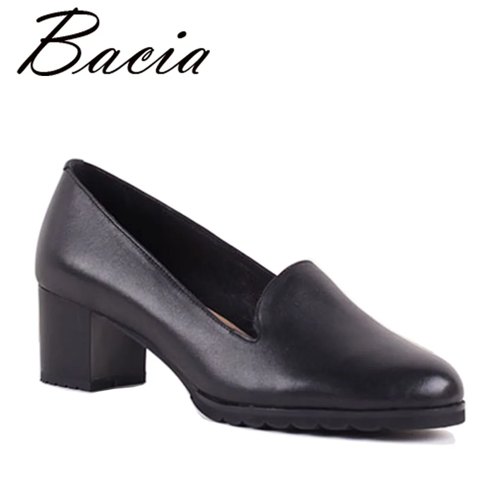 

Bacia 2017 New 5cm Thich High Heels Soft Black Matt Cow Leather Pumps for Women Square Heel Round tow Shoes Size 36-40 SB029