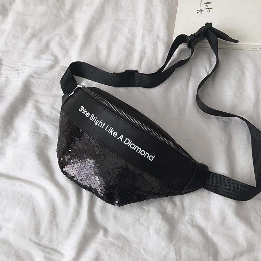 

Stylish Sequins Waist Bag Leather Shoulder Chest Bag Letter Travel Waist Bags Mini Coin Purse Cell Phone Belly Bag Sac Banane