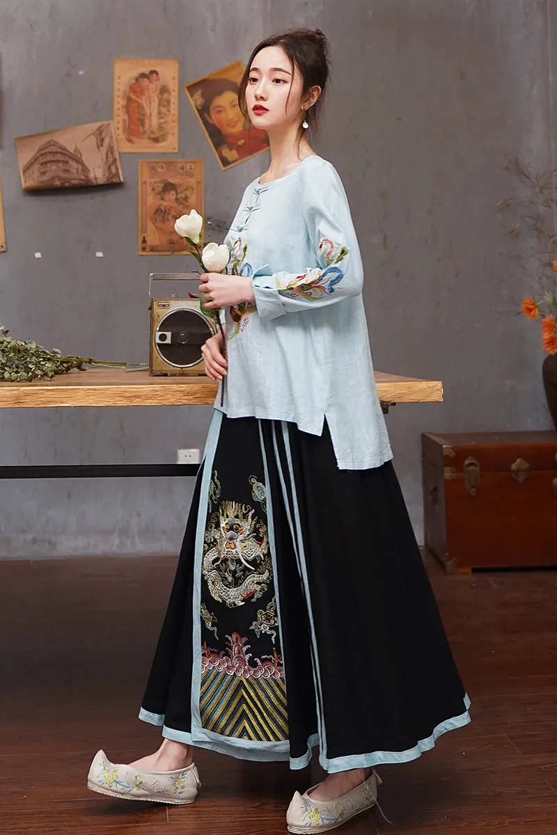 Китайская традиционная Стиль Для женщин из хлопка и льна рубашка блузка Винтаж женские ботинки выше лодыжки с цветочной вышивкой, топы Восточный костюм Hanfu показать Костюмы