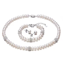 2016 Nuevo Color Blanco Conjuntos de collar de Perlas, 8-9mm Blanco Perla Natural de La Joyería, oro Verdadero Plateado Plata Pendientes, Pulsera Para Las Mujeres