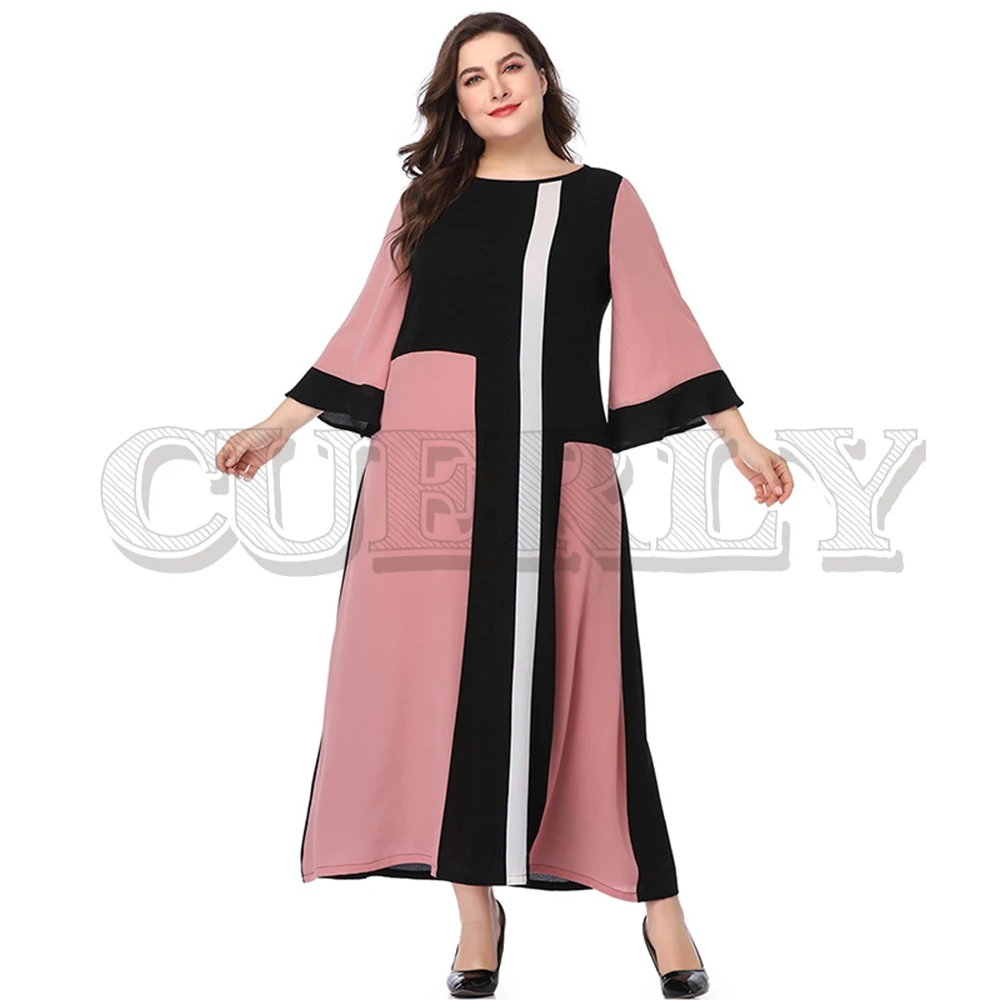 

CUERLY Elegant flare sleeve casual plus size dresses Women splice long maxi party dress Female summer sexy pink beach dress 5XL
