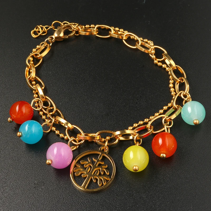 JOVO Colorful Round Shape Charm Bracelets for Women Gold Color Life of