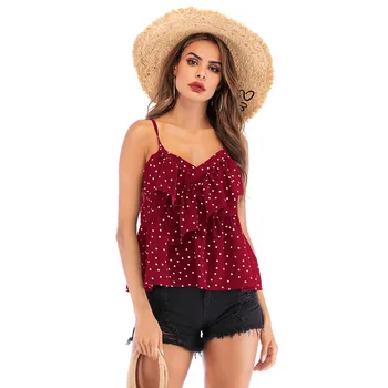 

Women's Polka-Dot Ruffled V-neck Slings Outer Braces Tops Summer New Women's Sleeveless Short Clothes Sexy Casual Beach Style