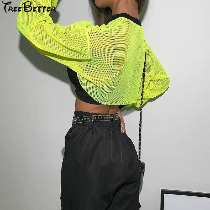 Streetwear Neon Green Mesh fishnet crop top smock long sleeve letter print summer cropped t shirt feminist harajuku kawaii Streetwear Neon Green Mesh fishnet crop top smock long sleeve letter print summer cropped t shirt feminist harajuku kawaii