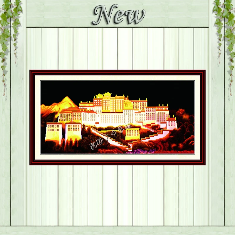Potala Palace scenery black cloth painting counted on canvas DMC 14CT 11CT unprinted Cross Stitch Embroidery kits Needlework Set | Дом и сад