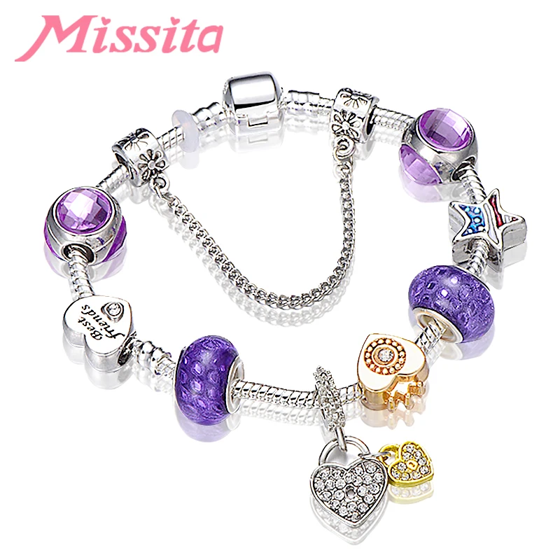 

MISSITA Love Heart Series Bracelet with Purple Murano Beads Crystal Heart Charm Brand Bangle for Women Jewelry Party Gift