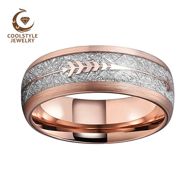 Rose Gold Wedding Ring Men Women Tungsten Ring Brushed Finish With Imitated Silver Meteorite And Rose Gold Arrow Inlay Fashion Jewelry
