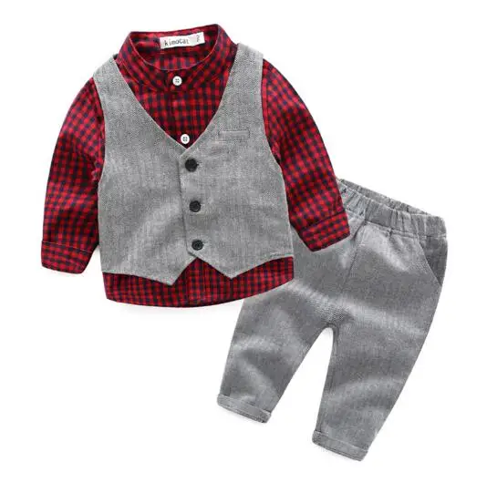 Kimocat/весенне-осенняя новая рубашка в клетку для новорожденных джентльменов жилет джентльмена 3 предмета(жилет+ рубашка+ штаны - Цвет: Красный