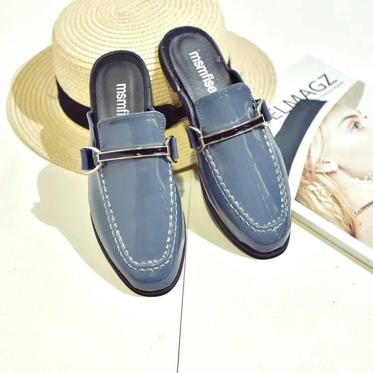 

Western Roman Slingbacks Slip-on Women Loafers Spring Summer Shoes Square Blue Half Slippers Fashion Lady Flats Sewing Buckle