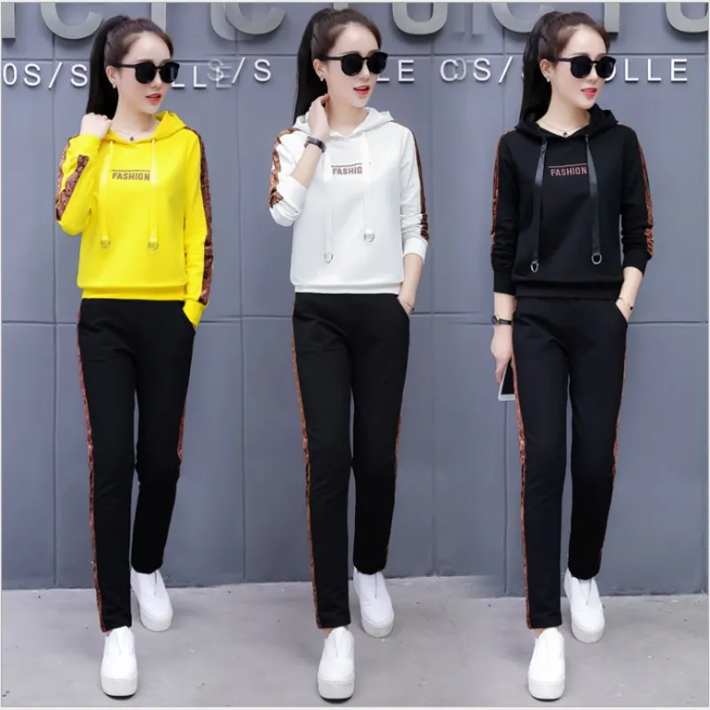 2018 Autumn Woman Tracksuit Sets Korean Female 2 pieces Yellow Sets Woman Hoodies Suit Long Sleeve Round Collar Sweater Solid Women's Sets