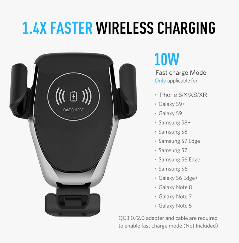 

10W Fast QI Wireless Car Charger Gravity Holder for iPhone X 8 Plus Samsung Galaxy S8 S7 Note 8 Quick Charge Charging Mount