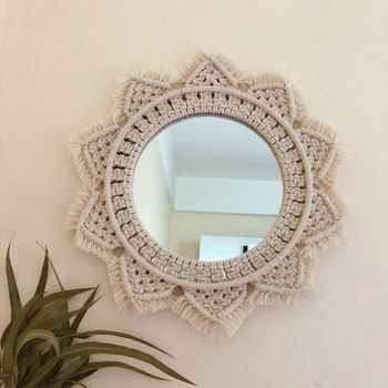 

Macrame Tapestry Wall Hanging Decorative Mirror Knot Knit Tapestry Round Mirror Bohemian Decorativos Makeup Mirror
