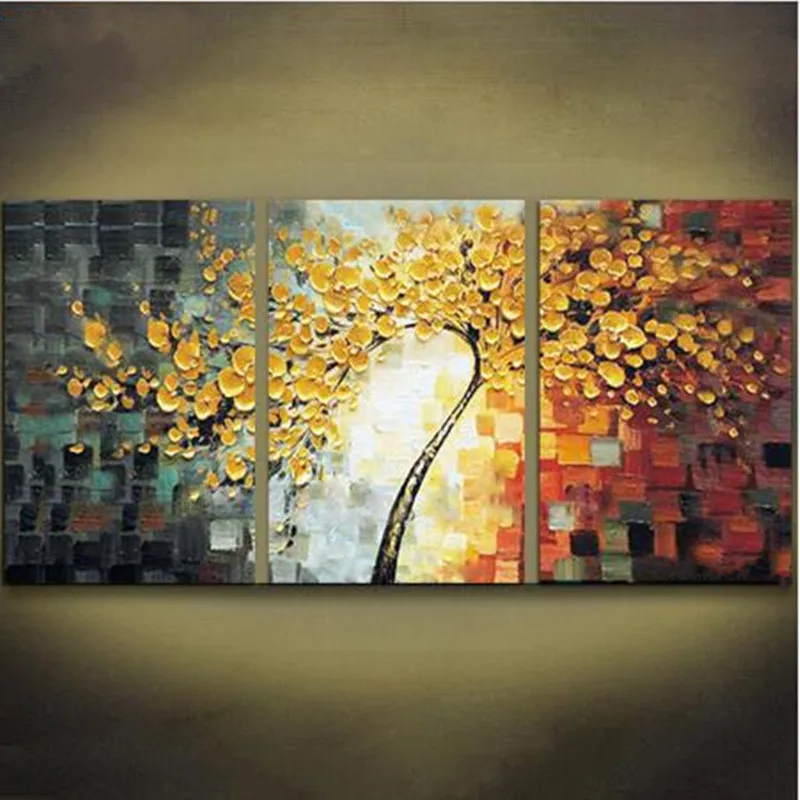 

Handpainted Abstract Flower Oil Paintings Modern Home Decor Wall Art Handmade 3D Gold Floral Pictures 3 Panel Canvas Painting