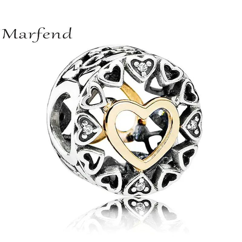 

Marfend Fashion Genuine 100% Sterling Silver 925 14K Gold Love Heart Clear CZ Charms Beads Charms Bracelet Women Party Jewelry