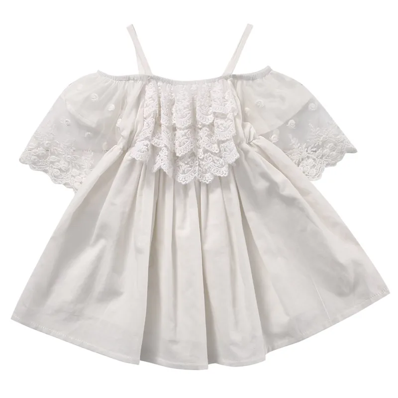 

2017 New Toddler Kids Girls Summer Dress Off-shoulder Ruffles Lace Dresses Solid White Baby Girl Clothes Princess Costume 2-7Y