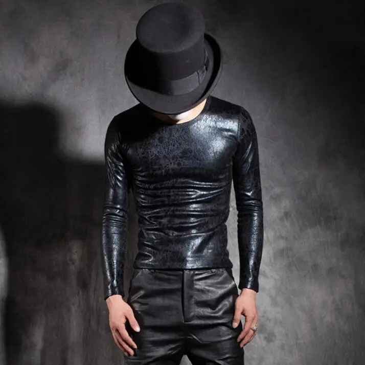

Hot New Winter thick men's Slim short paragraph long-sleeved leather T-shirt male hairstylist tight-skinned crewneck shirts tide