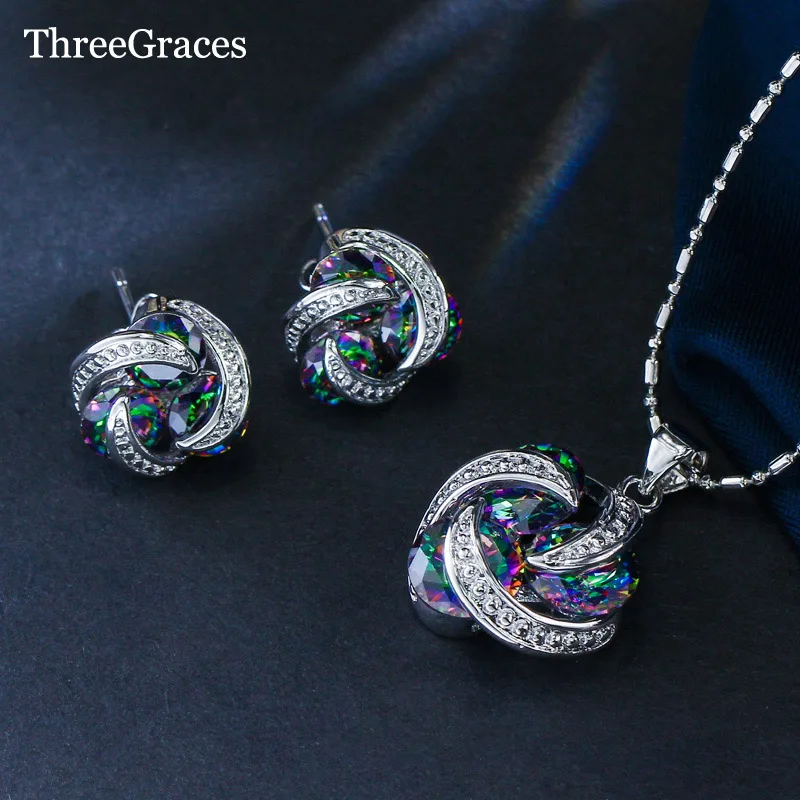 

ThreeGraces Natural Mystic Rainbow Crystal Jewelry Fashion 925 Sterling Silver Earrings And Pendant Necklace Set For Women JS122