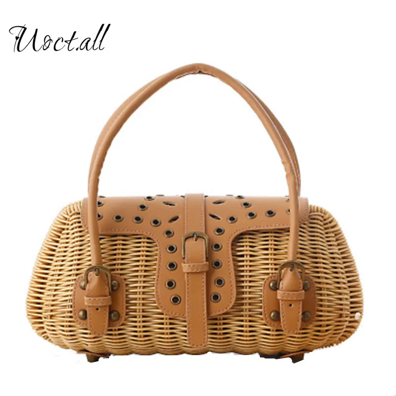 

Uoct.all Fresh Style Straw Beach Bag Trunk-shaped Designer Women Handbag Vintage Woven Rattan Basket Knitted Wicker Beach Bags