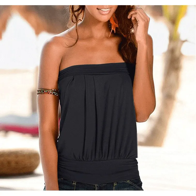 

2019 Summer Women's Sexy Strapless Pleated Tank Top Off-Shoulder Tee Shirt Tank Tops Party Club Top