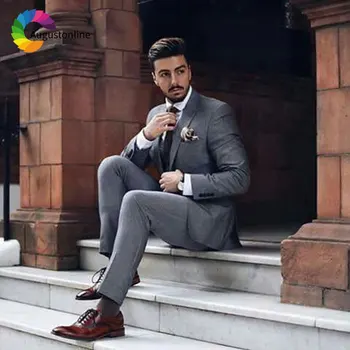 Ceny 2019 New Arrival Szary Mężczyźni Garnitur Weselny Mężczyzn Garnitury Ze Spodniami Najlepszy Człowiek żakiet Z Dzianiny Dresowej Z Daszkiem Klapa Slim Fit Groom Smokingi 2 Sztuka