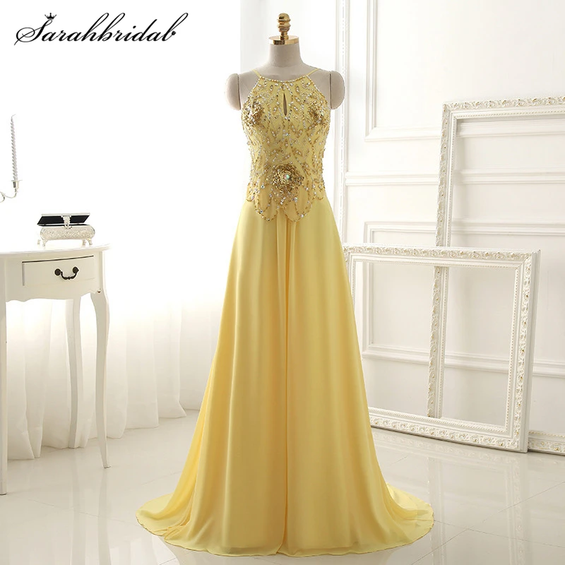 

Sexy Open Back Spaghetti Straps Prom Dresses Real Photo Yellow Crystal Beads Sequins Chiffon Long Vestido De Festa SLD390
