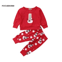 Шт. комплект из 2 предметов, Рождественская Одежда для новорожденных мальчиков и девочек, одежда для сна со снеговиком и длинными рукавами, топ+ штаны, пижамы для мальчиков и девочек, комплект одежды на Рождество