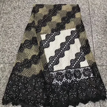

Black African Mesh Lace Fabric High Quality Nigerian French Swiss voile With Rhinestone string Net Lace Fabrics 5 Yards A1262