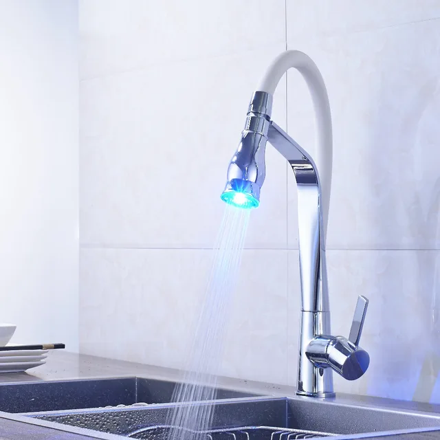 Special Offers Chrome Finish Pull Out Bathroom Kitchen Faucet Mixer Tap Deck Mounted LED Kitchen Faucet