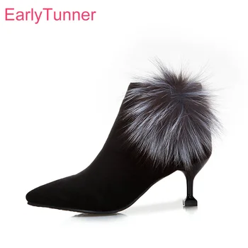 

Brand New Winter Glamour Fox Fur Black Women Ankle Boots Sexy High Heels Lady Party Shoes EP95 Plus Big Small Size 10 31 45 47