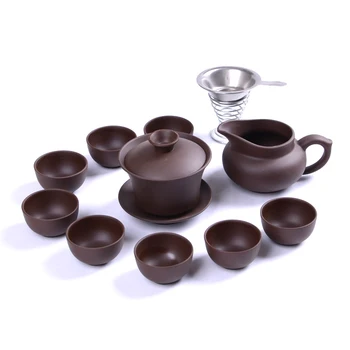 

Yixing Purple sand tea set 11pc black ceramic kung fu Teapot, handmade Purple sand teapot teacup, business office good gilt