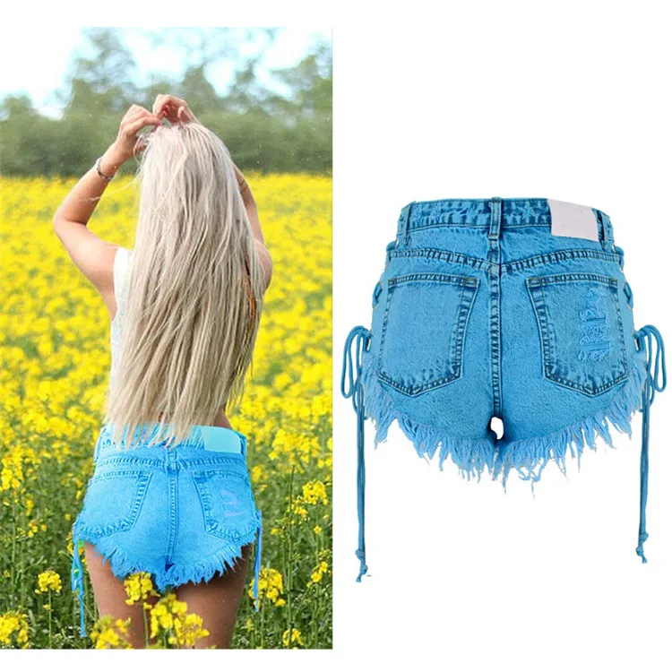 European and American women's Amazon summer high waist buckle worn out double side straps Makalong blue cattle (3)