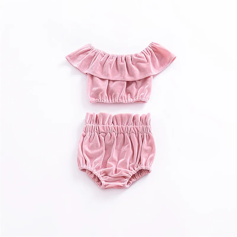 

Toddler Baby Girl Off Shoulder Tops Shorts Outfits Clothes Sunsuit Adorable Baby Girls Summer Velvet Solid Ruffle Clothing Set