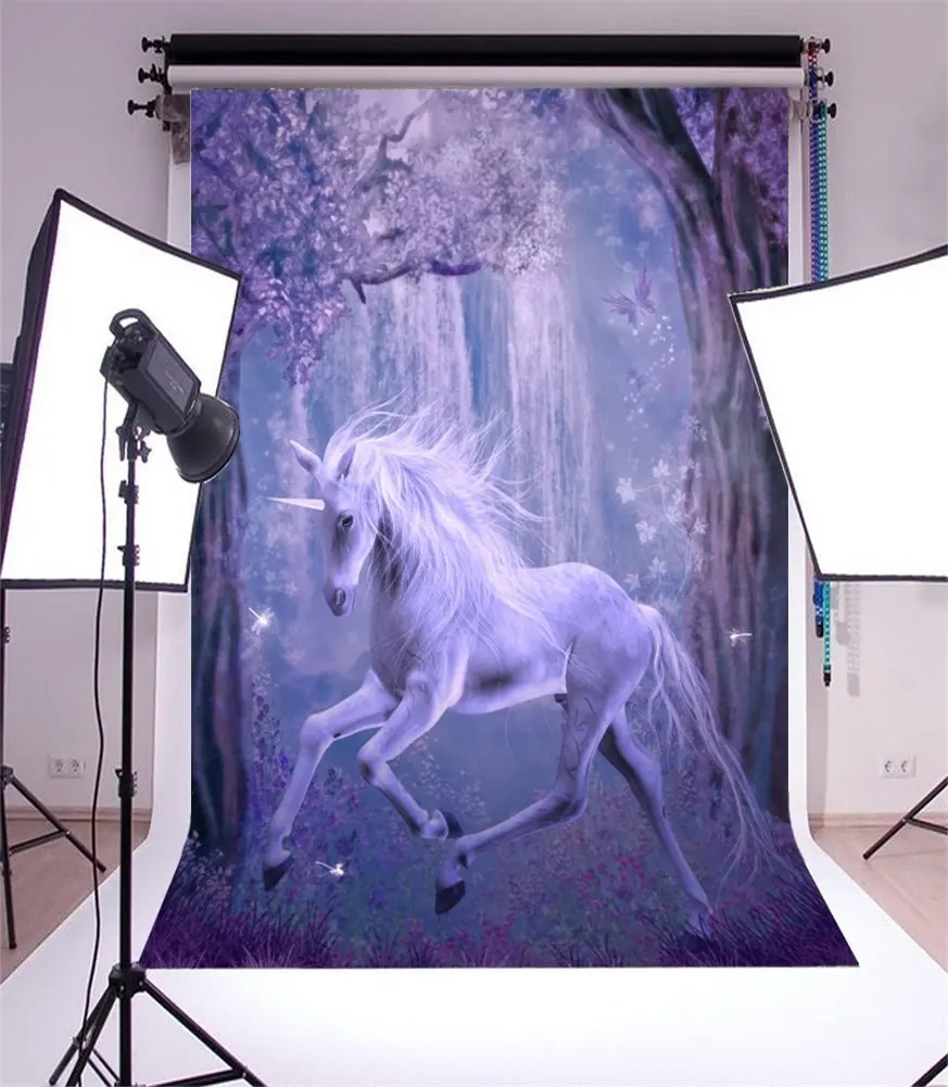

Photography Backdrop White Unicorn Magic Trees Elf Waterfall Enchanted Garden Photo Background