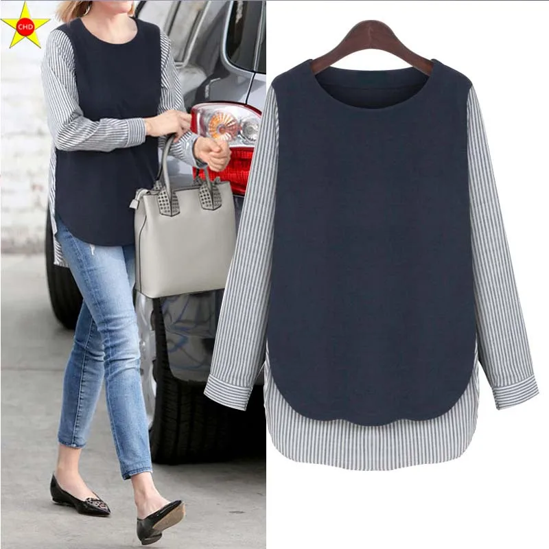 

Hot Sale L-5XL Plus Size Casual Women Shirts 2019 Spring and Autumn Fashion Patchwork Striped Blouses Extra Large Loose Shirts