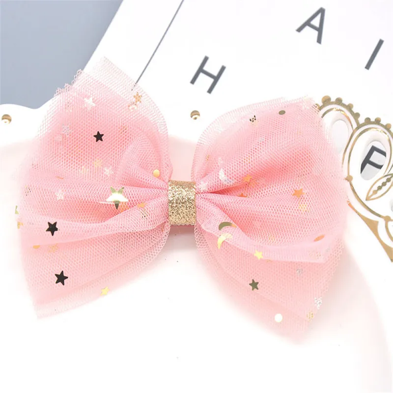 Newest 1 piece Star Big Mesh Lace Bows Accessories With Clip Boutique Bow Hairpins Hair Ornaments - Цвет: Розовый