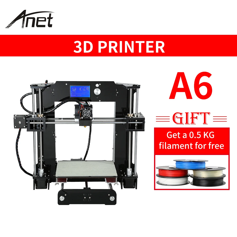 

Anet A6 3d DIY printer Kit Large Printing Area 220*220*250mm with 8GB SD Card 0.4mm Nozzle Reprap i3 Aluminium Alloy Hotbed