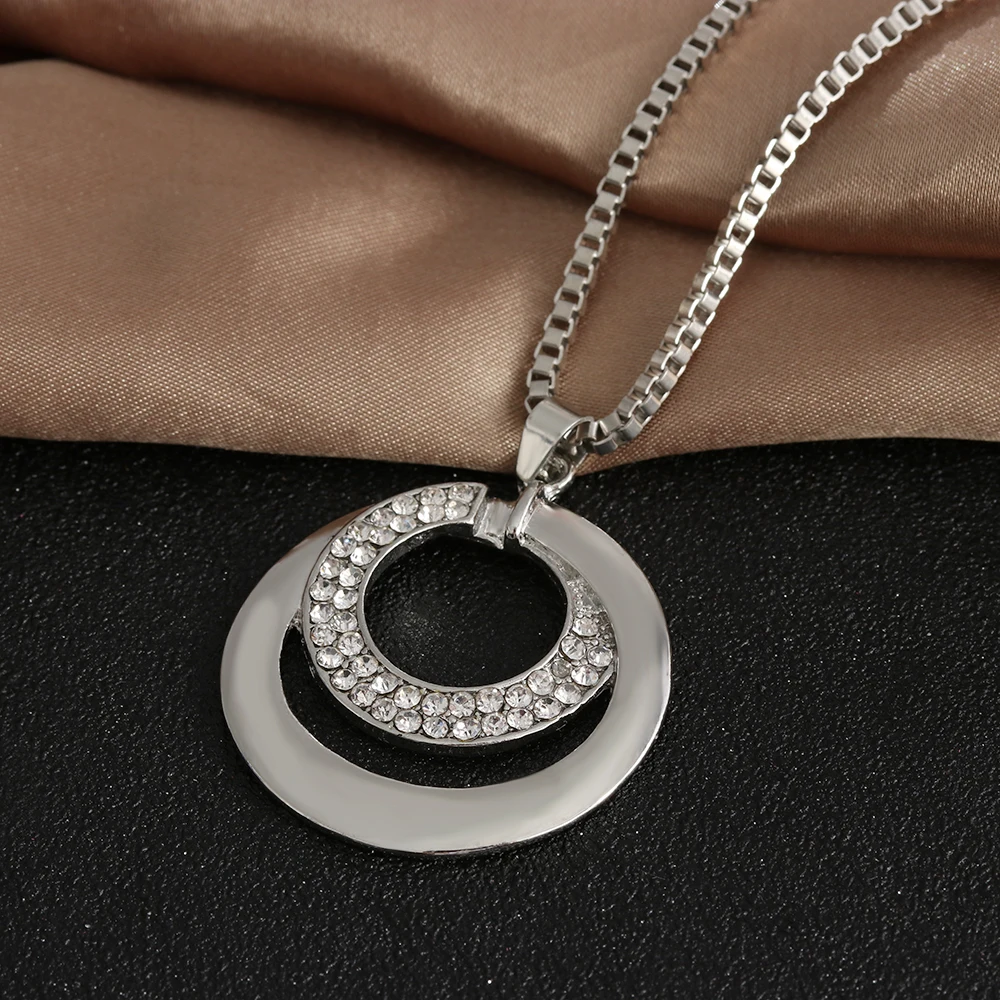 

2019 New Fashion Women Pretty Silver Color&Gold Color Choker Crystal Rhinestone Long Chain Double Circle Pendant Charm Necklace