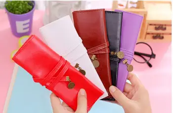 

New Style Roll Pu Leather Pen Pencil Case Retro School Student Office Supplies Escolar Papelaria