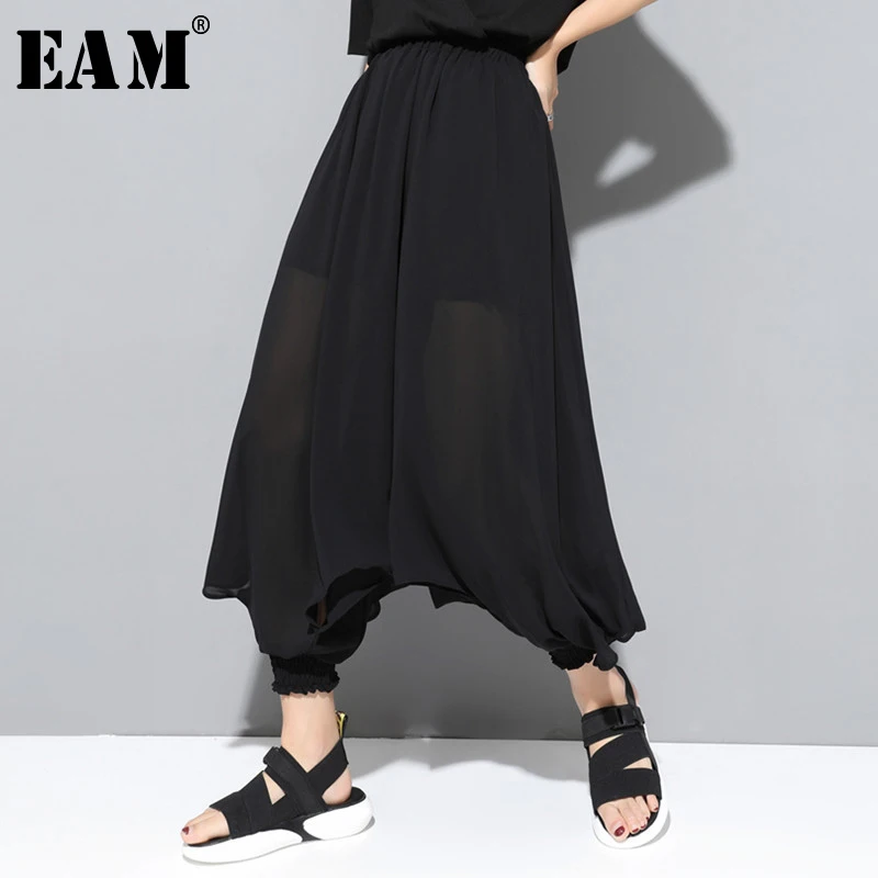

[EAM] 2019 New Autumn Winter High Elastic Waist Black Chiffon Split Joint Loose Wide Leg Pants Women Trousers Fashion Tide JS938