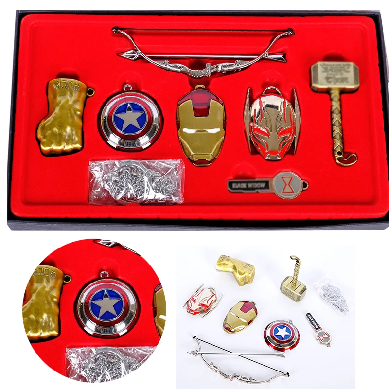 

7pcs Metal keychain Captain America iron Man Keychain Hulk fist keyring Necklace Ring Kid Elegant boxed Gift Collectible toy