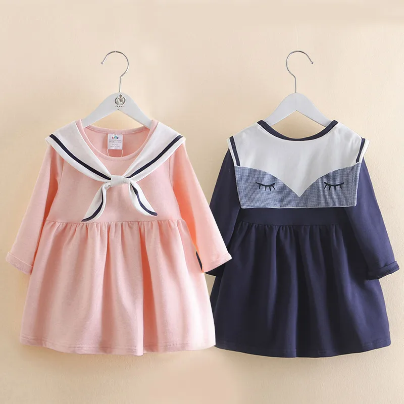 

Baby Navy Collar Dress 2019 Spring New Girls Kids Children's Pleated dress qz-4402