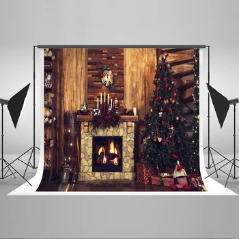 

VinylBDS Christmas Wood Backdrops Photography Fireplace Christmas Decorations For Home With Tree Cotton Background Photo Studio
