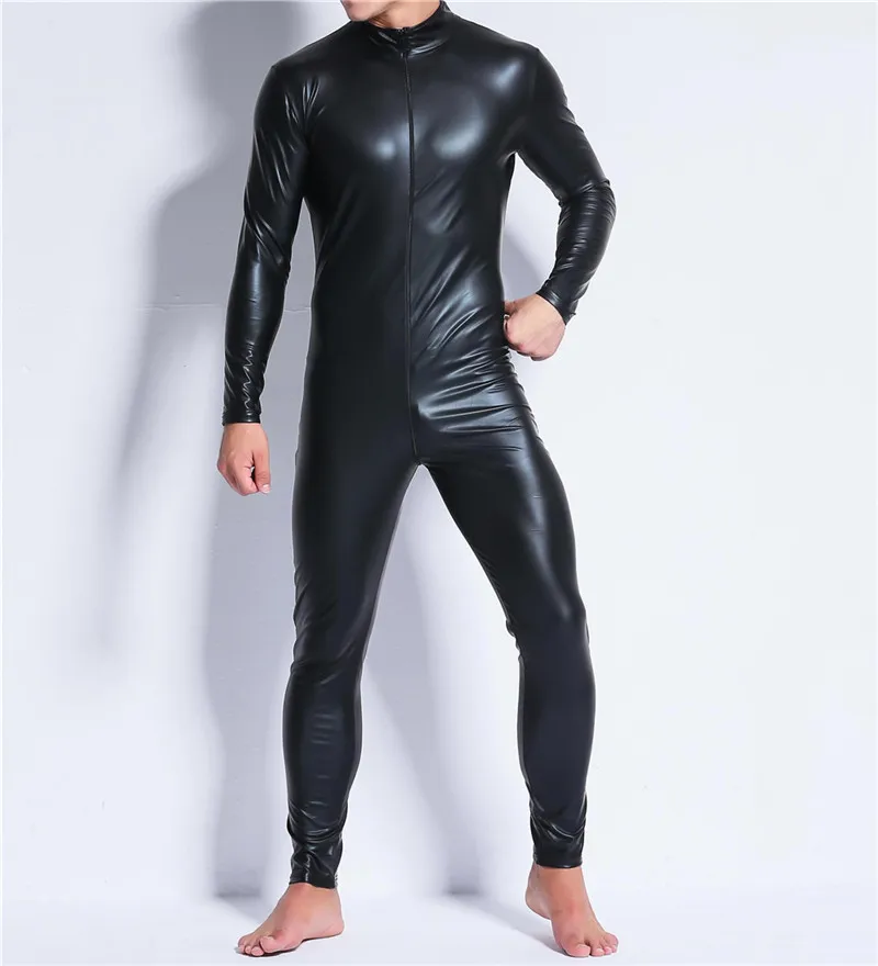 Одежда из искусственной кожи мужской комбинезон мужской черный на молнии промежность сплошной компрессионный бодисьют пикантный комбинезон из полиуретана гей комбинезон боди