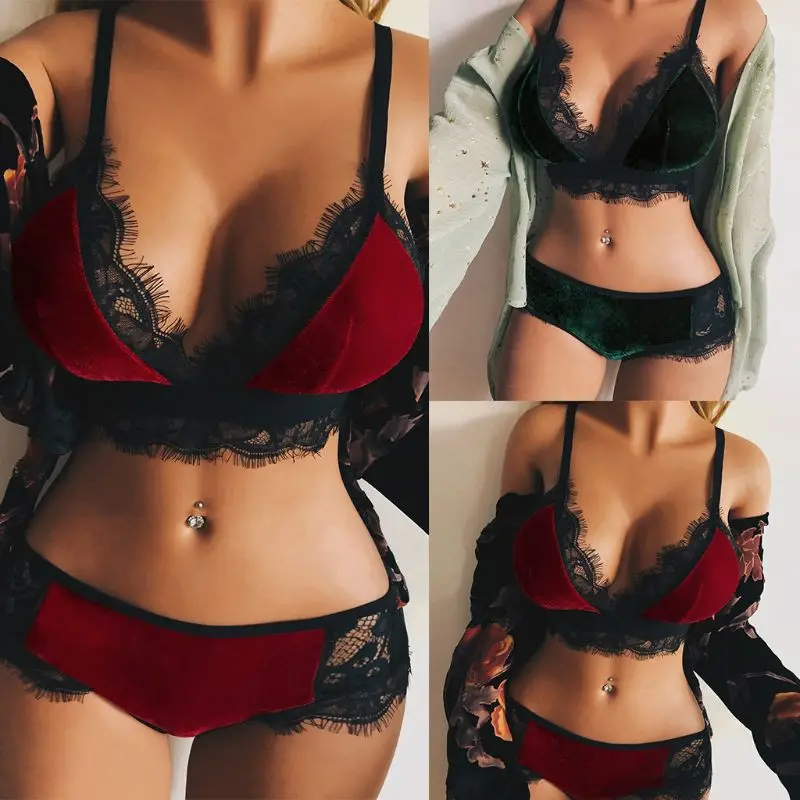 

Womens Sexy Eyelash Floral Lace Underwear Set Glitter Velvet Triangle Bra Low Rise Erotic Sheer Mesh Thong Lingerie Nightwear