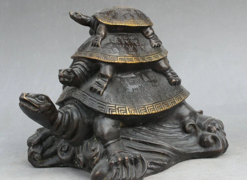 

9" Folk China FengShui Bronze Gilt Longevity Tortoise Turtle Family Waves Statue