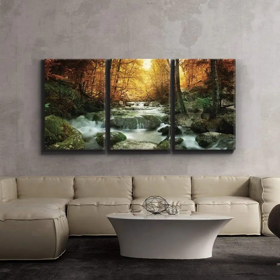 Home Decor Prints Painting 3 Panel Forest Stone Pictures Waterfall View