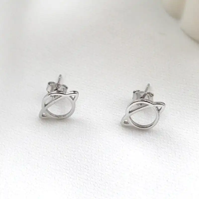 Корейская звезда полые женские серьги серебро 925 Сатурн звезда серьги-гвоздики Белое золото геометрический круг девушка серьги-кольца, мод...