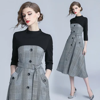 

Spring Autumn Plaid Patchwork Vintage Dress Vestido De Festa Vogue Midi Dress Ukraine Office Work Dress Elegant Vestidos Robe