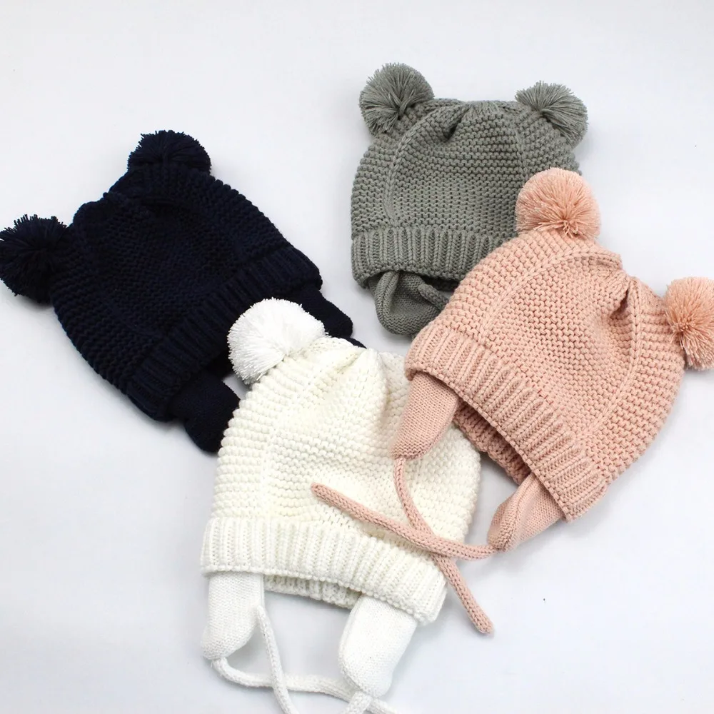 Милая детская шапка с ушками медведя, мягкая хлопковая шапочка для новорожденных, двухслойная теплая зимняя шапка для маленьких девочек и
