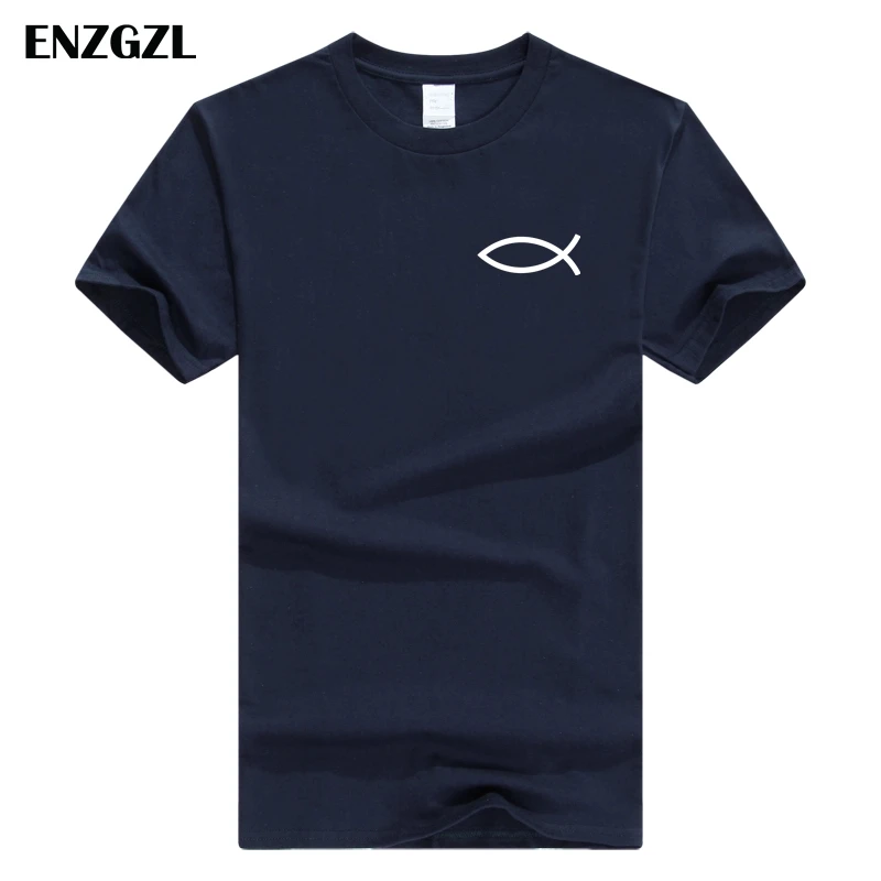 Новинка года, летняя мужская футболка, хлопок, футболка с коротким рукавом, высокое качество, футболка для мальчиков, топы серого цвета с изображением христианского Иисуса, рыбы, Z4925 - Цвет: x-Navy-b
